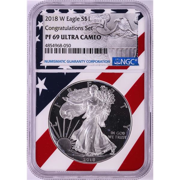 2018-W $1 Proof American Silver Eagle Coin NGC PF69 Ultra Cameo Congratulations Flag