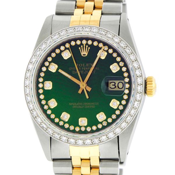 Rolex Mens Two Tone Green Vignette Diamond Oyster Perpetual Datejust Wristwatch