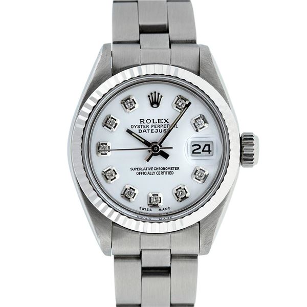 Rolex Ladies Stainless Steel White Diamond Oyster Band Datejust