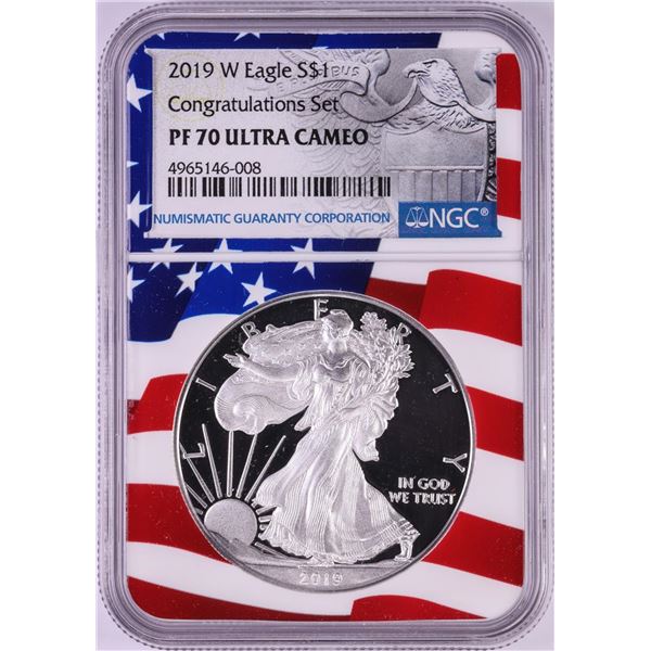 2019-W $1 Proof American Silver Eagle Coin NGC PF70 Ultra Cameo Congratulations Flag