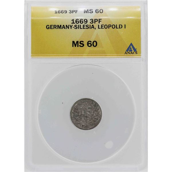 1669 Germany-Silesia Leopold 3 Pfennig Coin ANACS MS60