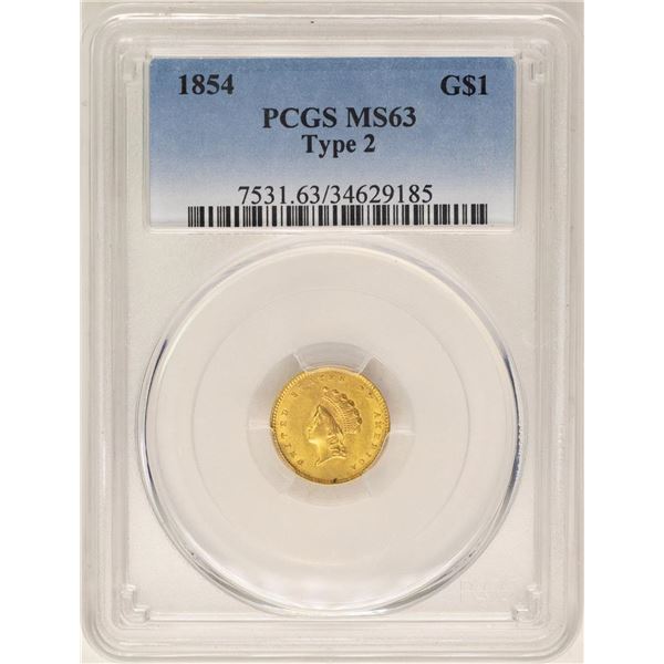 1854 Type 2 $1 Indian Princess Head Gold Dollar Coin PCGS MS63