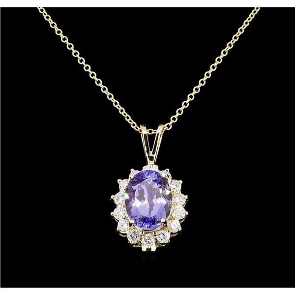 3.88 ctw Tanzanite and Diamond Pendant With Chain - 14KT Yellow Gold