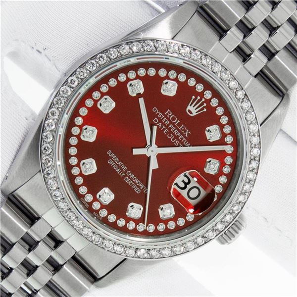 Rolex Mens Stainless Steel Red String Diamond 36MM Datejust Wristwatch With Role