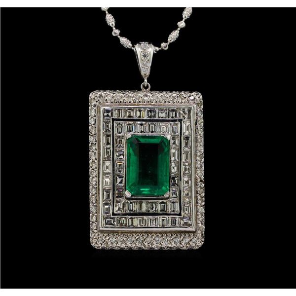 Platinum GIA Certified 6.98 ctw Emerald and Diamond Pendant With Chain