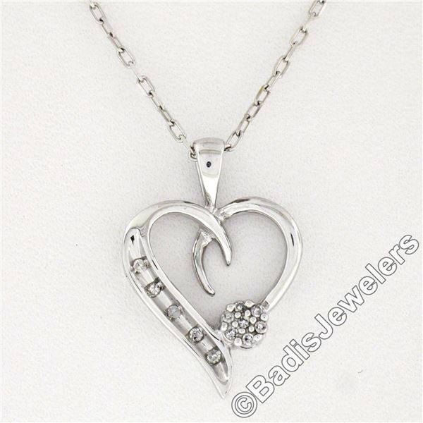 10kt White Gold Pave Set Single Cut Diamond Open Heart Flower Cluster Pendant Ne