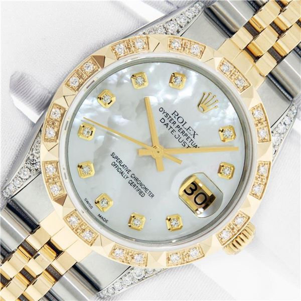 Rolex Mens 2 Tone Lugs MOP Diamond Pyramid Diamond 36MM Datejust With Rolex Box