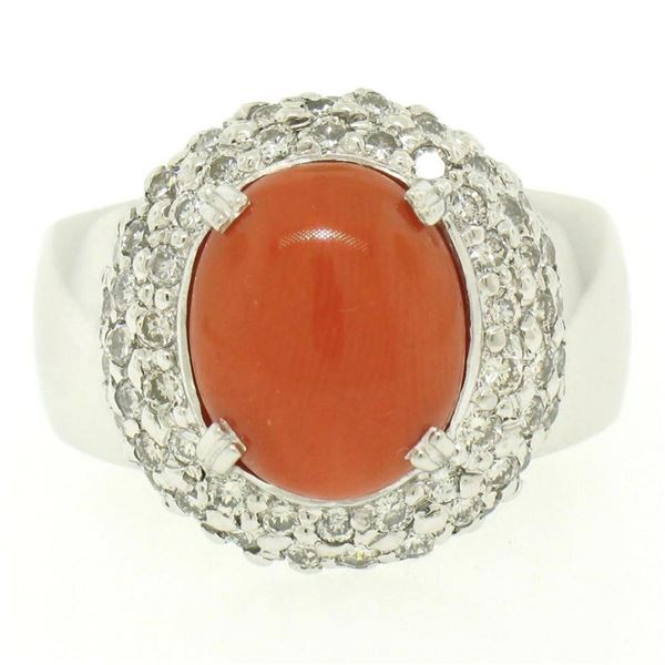 14kt White Gold Oval Cabochon Red Coral Ring w/ 2.10 ctw Diamond Halo