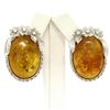 Vintage 18k White Gold Large Oval Amber Diamond Omega Earrings w/ Flower Etching