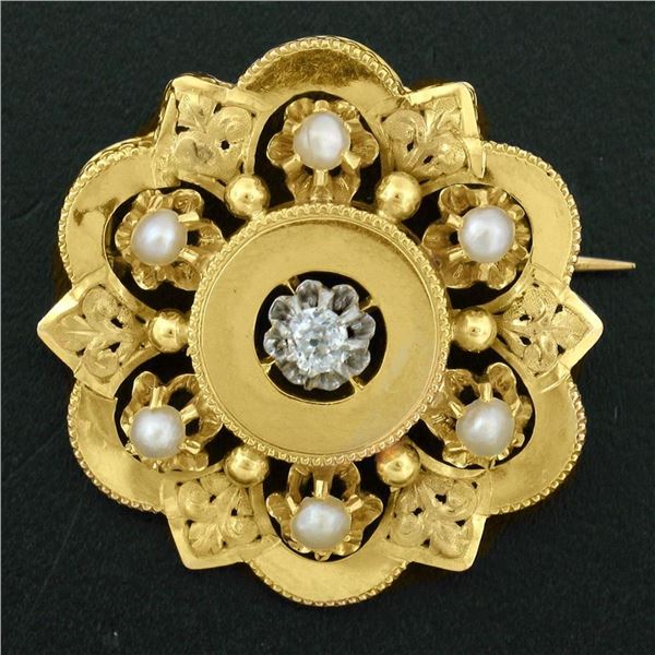 Antique Victorian 18K Yellow Gold Diamond Pearl Detailed Open Flower Brooch Pin