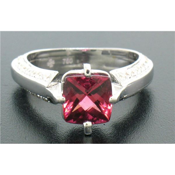 18k White Gold Cushion Rubellite Tourmaline Ring w/ 0.79 ctw Pave Fine Diamonds