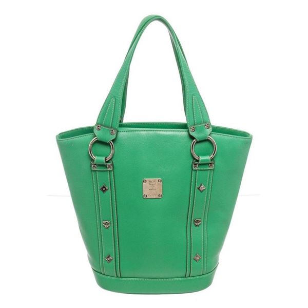 MCM Green Coated Canvas Tote Bag