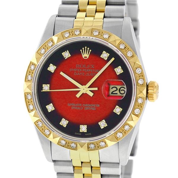 Rolex 2 Tone Red Vignette Pyramid Diamond Oyster Perpertual Datejust 36MM