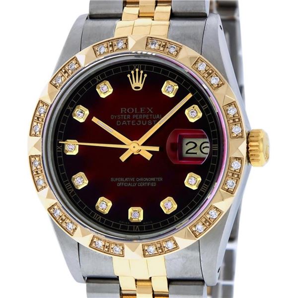 Rolex Mens 2 Tone Red Vignette Pyramid Diamond 36MM Oyster Perpetual Datejust