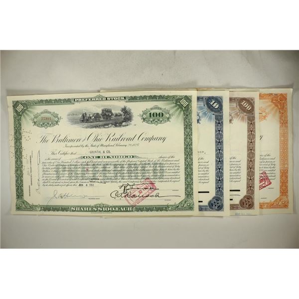 4 VINTAGE STOCK CERTIFICATES BALTIMORE AND OHIO