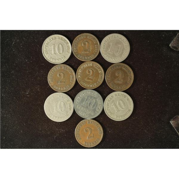 10 ASSORTED GERMAN 1874-1919 2 & 10 PFENNIGS