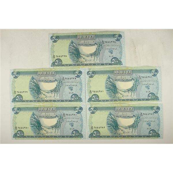 5 PIECES OF CRISP UNC IRAQ 500 DINARS