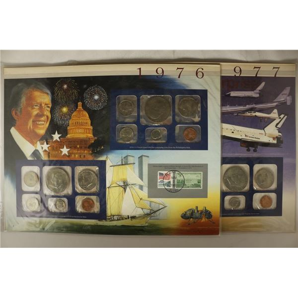 1976 & 1977 US MINT SETS WITH STAMPS ON INFO CARDS