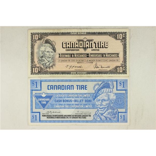 2 PIECES OF CANADIAN TIRE MONEY 10 CENT AND $1