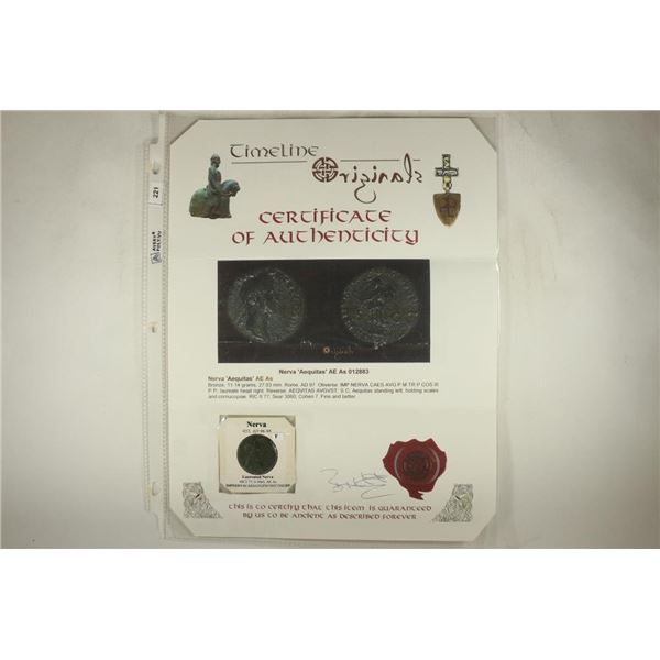 96-98 A.D. NERVA ANCIENT COIN (FINE) WITH