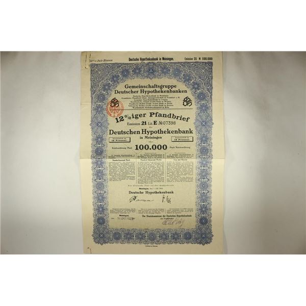 1923 GERMAN 100,000 MARK 12% BOND BETTER PIECE