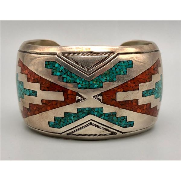 Dazzling Vintage Turquoise and Coral Inlay Bracelet