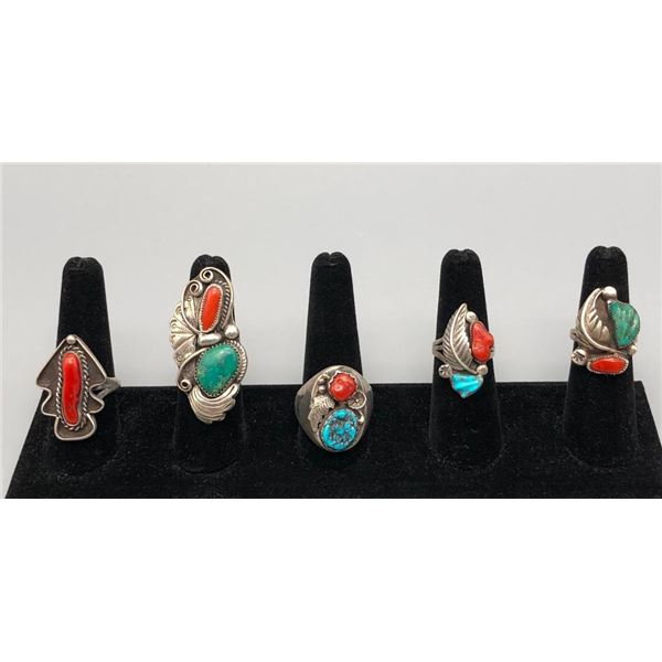 Group of Five Vintage Turquoise and Coral Rings