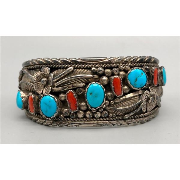 70s Turquoise and Coral Bracelet