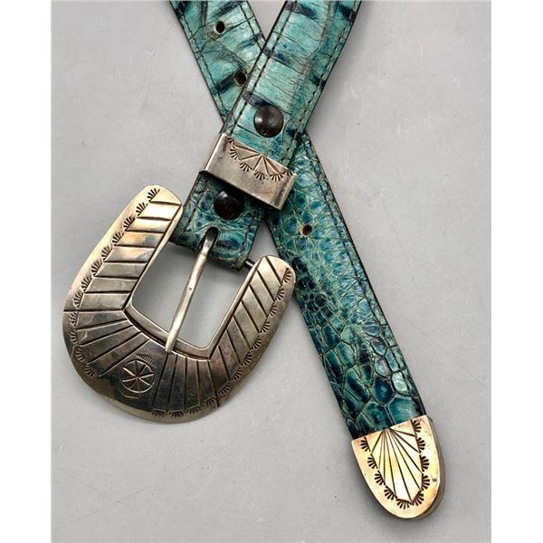 Blue Gator Leather Belt and Sterling Silver Buckle Set