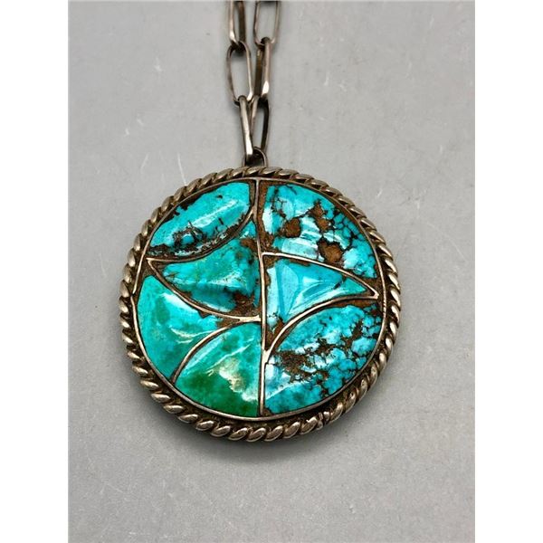 Vintage Sterling Silver and Turquoise Inlay Pendant with Handmade Chain