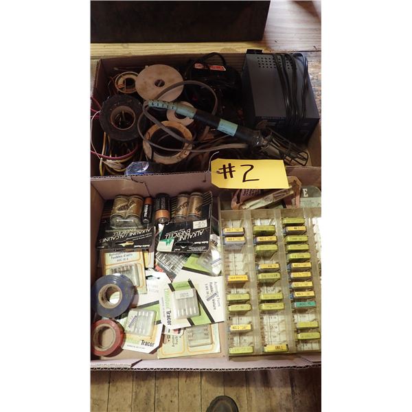 SOLDERING IRON, SOLDERING GUN, POWER SUPPLY, ASSORTED WIRE, FUSES ETC.