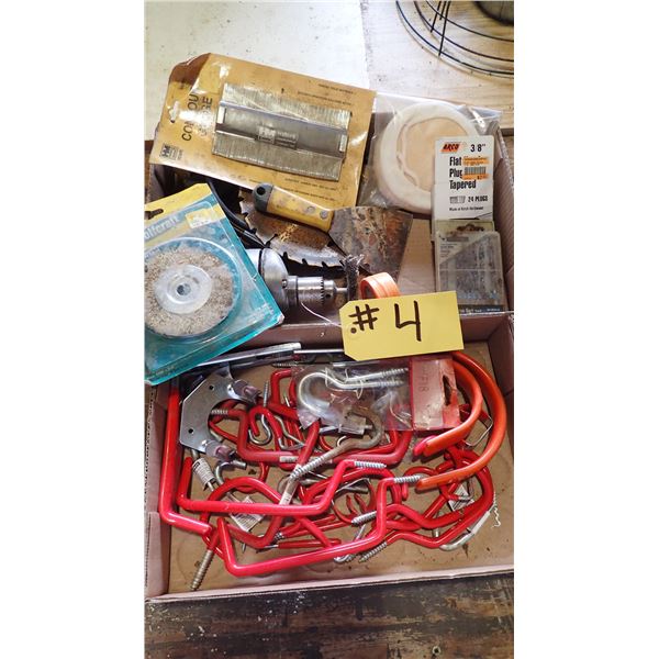 ASSORTED HOOKS, ELECTRIC DRILL, ETC.