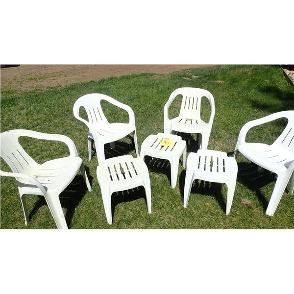 4 PLASTIC CHAIRS & THREE TABLES