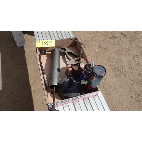 GREASE GUN, OIL CAN, FUNNEL, GREASE & WD40