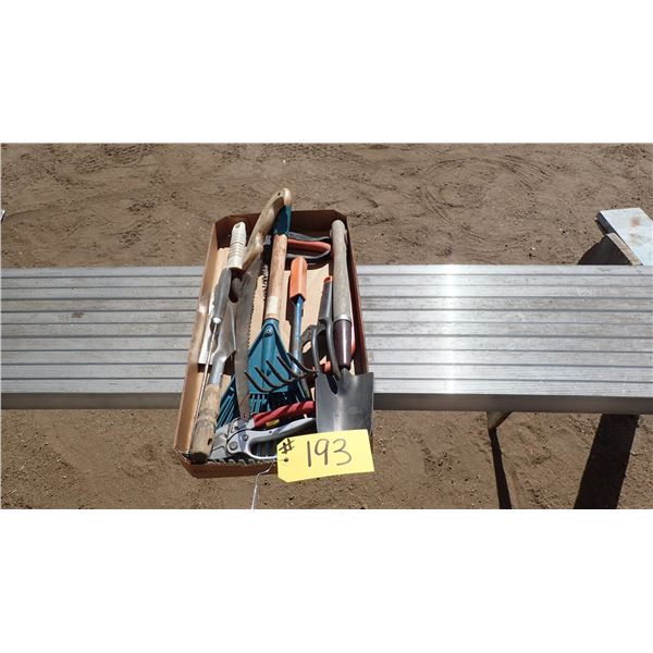 BOX OF GARDENING TOOLS