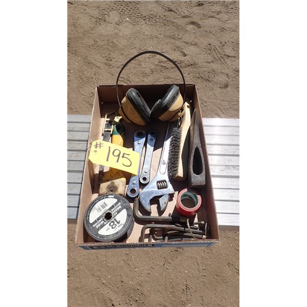 BOX OF WRENCHES, ASSORTED TOOLS, EAR PROTECTION, AXE HEAD, ETC.