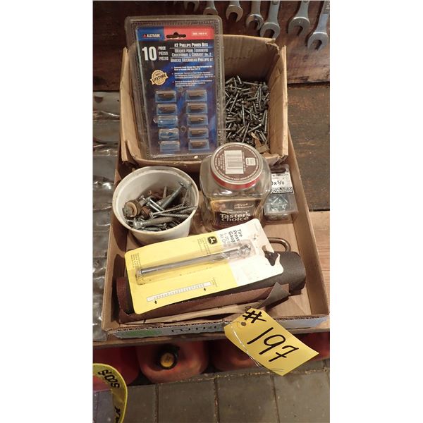 ASSORTED FASTENERS, LONGSHANK LOCK, TIRE PRESSURE GAUGE, SANDPAPER