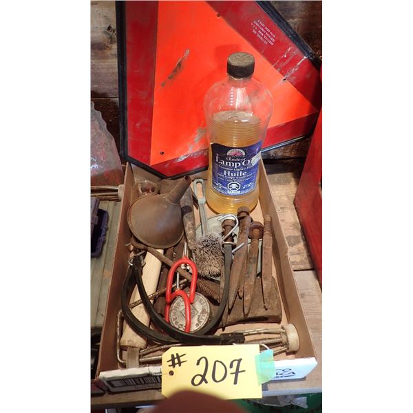 SLOW MOVING TRIANGLE, LAMP OIL, FUNNEL, HARROW SPIKES ETC.