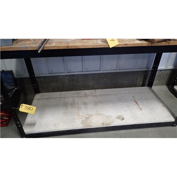 STEEL WORKBENCH WITH WOOD TOP AND SHELF