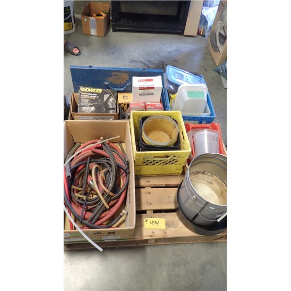 2005 F350 PARTS (FILTERS, BRAKE PADS), HEATER HOSES, PLASTIC CONTAINERS & METAL BOX