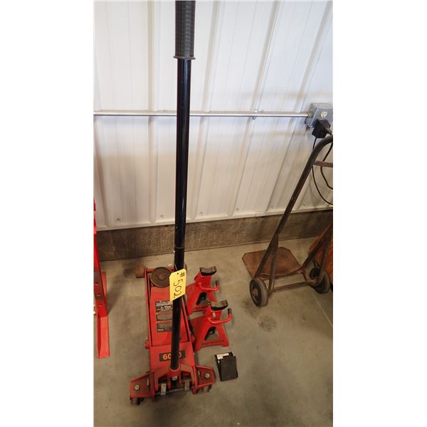 RAPID LIFT 3-TON SERVICE JACK WITH TWO JACKSTANDS & WHEEL CHOCK LIFTS BUT DOES LEAK DOWN