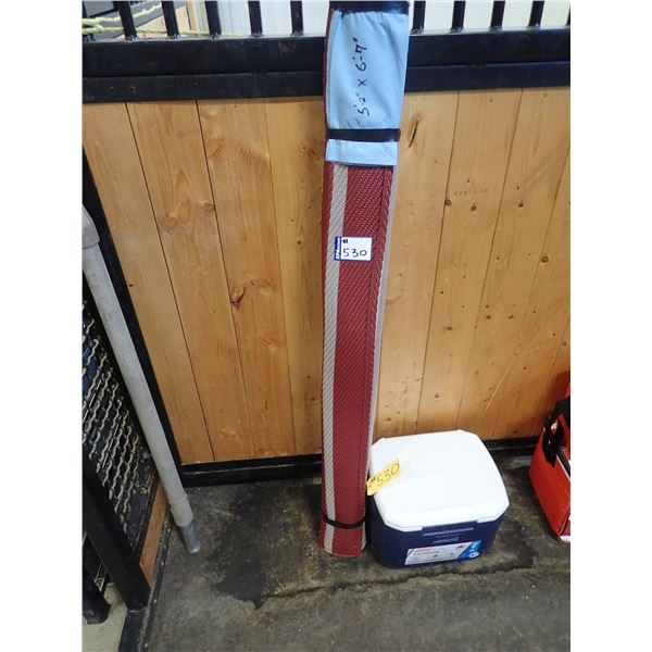 COLEMAN COOLER & RV MAT (APPROXIMATELY 5‘2“ X 6‘7“)
