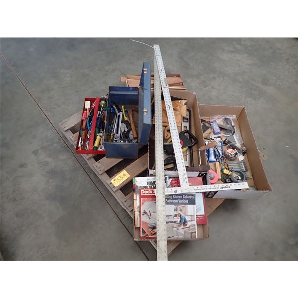 PALLET OF TOOLS, STRAIGHT EDGES, POUCH, BOOKS, SHIM SHINGLES & MISCELLANEOUS ITEMS
