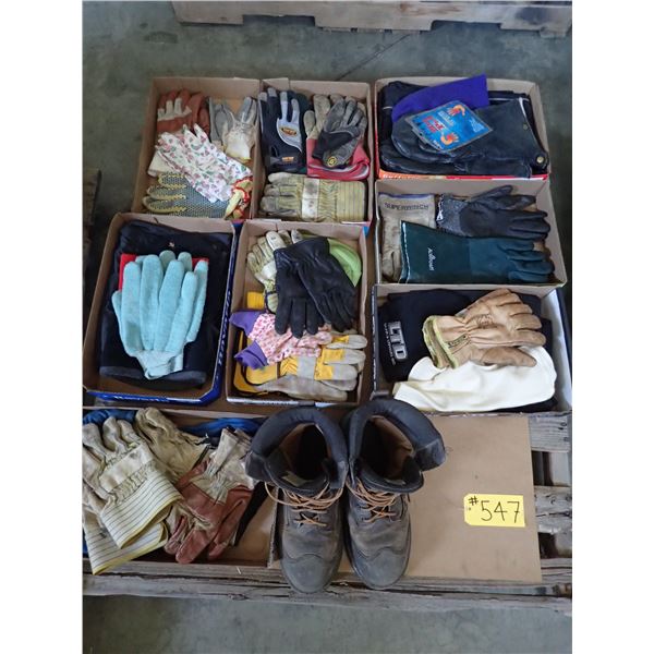 PALLET OF TOQUES, MITTS, GLOVES, HARDHAT LINERS, SIZE 12 STEEL TOED BOOTS & SNOW PANTS