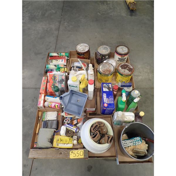 PALLET OF WEED KILLER, BUG SPRAY, PAINT, 12V INFLATOR, CLEANING SUPPLIES, ETC.