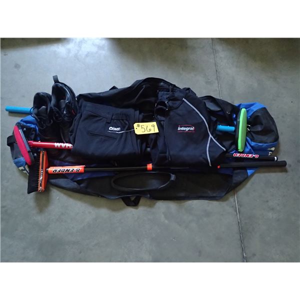 CURLING GEAR; PANTS XL & L, VEST & HOODY L, 3 BROOMS, GRIPPER, BAG & SIZE 12 CURLING SHOES, ZIPPER O