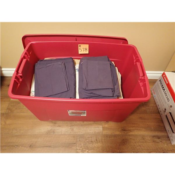 35-GALLON STERILITE CONTAINER OF QUEEN SIZE SHEETS, PILLOW CASES & COMFORTER