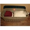 Image 1 : LARGE TUPPERWARE CONTAINER OF QUEEN SIZE SHEETS, COMFORTER & DUVET