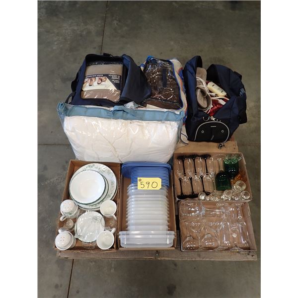 PALLET OF HOUSEHOLD ITEMS: BEDDING, GLASSES, PLATE SET, TUPPERWARE, TRAVEL BAGS, PILLOWS & HEATING P