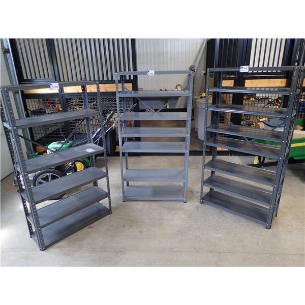 3 - METAL SHELVING UNITS (2) APPROX 30” WIDE X 58” HIGH X 12” DEEP & (1) APPROX 30” WIDE X 55”” HIGH